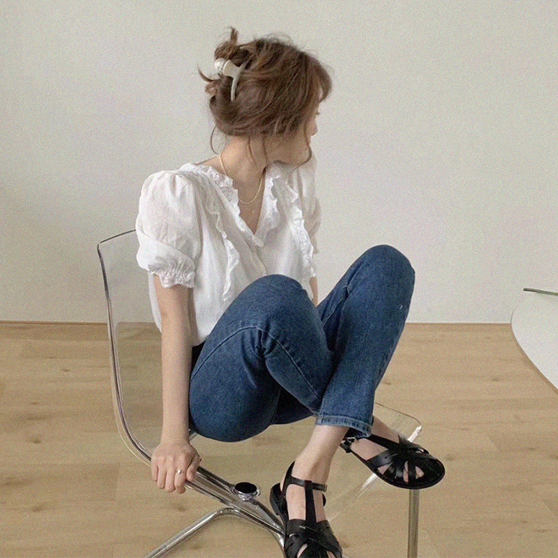 Lace V-neck Short-sleeved White Shirt Woman