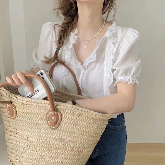 Lace V-neck Short-sleeved White Shirt Woman