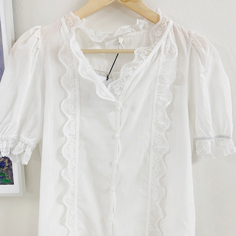 Lace V-neck Short-sleeved White Shirt Woman