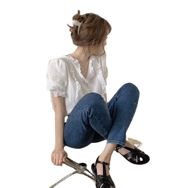 Lace V-neck Short-sleeved White Shirt Woman