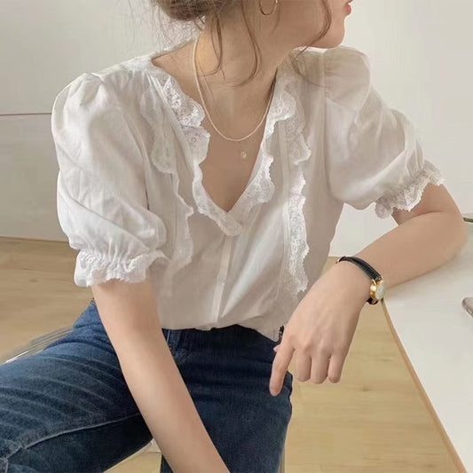 Lace V-neck Short-sleeved White Shirt Woman
